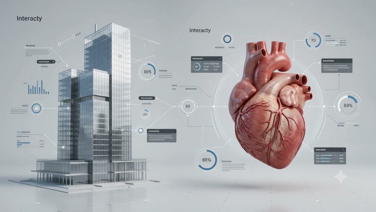 A 2D architectural blueprint dissolving into a detailed 3D model of a human heart, on a soft light background