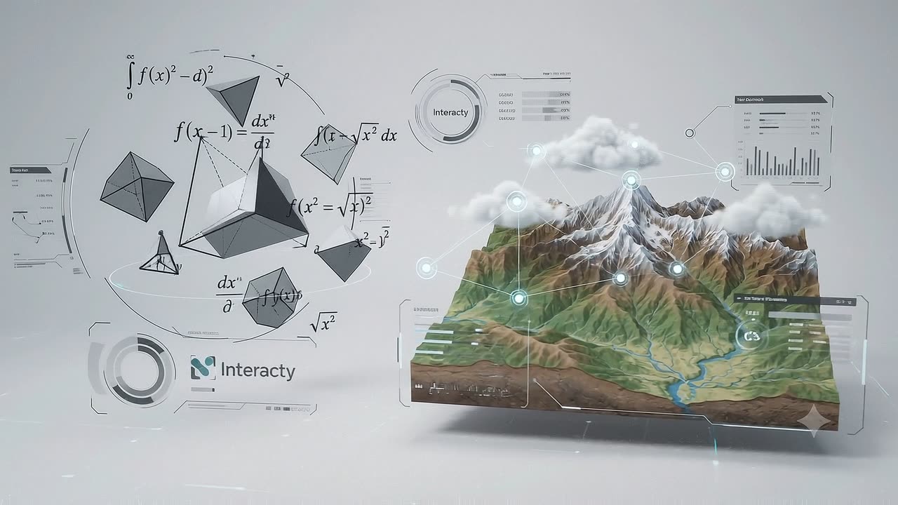 Handwritten mathematical equations transforming into a 3D mountain terrain diorama, on a soft light background