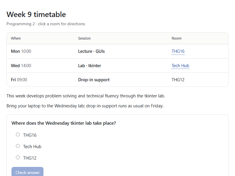 A real interacty example: an interactive week 9 timetable with a knowledge check